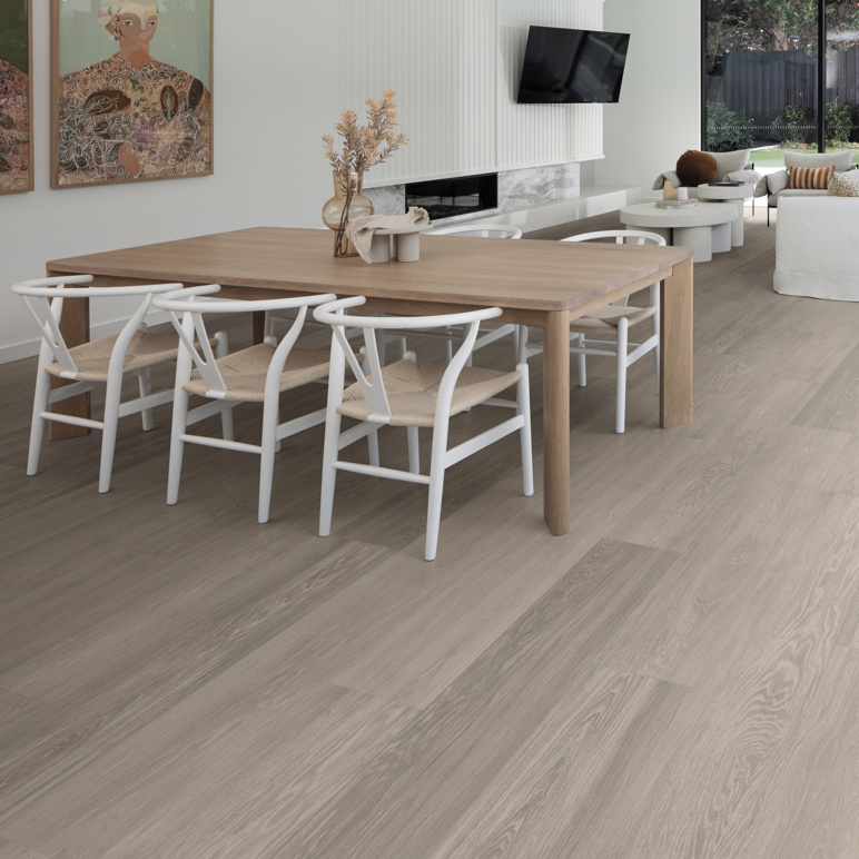 Wood-effect LVT flooring in a modern kitchen diner